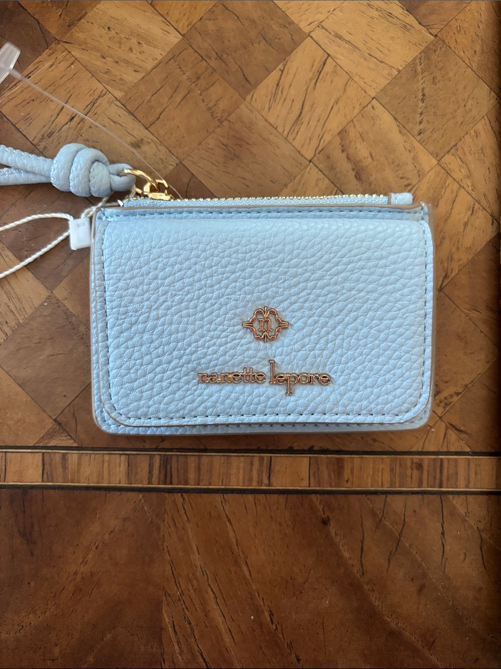 Nanette Lepore Pale Blue Pebbled Leather Wristlet Card Case with Gold Hardware